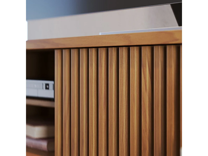 Meuble TV 75 Pouces Chêne et Blanc 1 Porte 2 Tiroirs 3 Niches L 200 H 55.2 P 37.7 cm