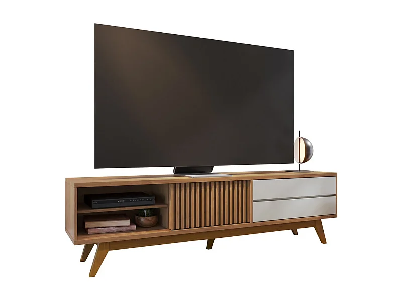 Meuble TV 75 Pouces Chêne et Blanc 1 Porte 2 Tiroirs 3 Niches L 200 H 55.2 P 37.7 cm