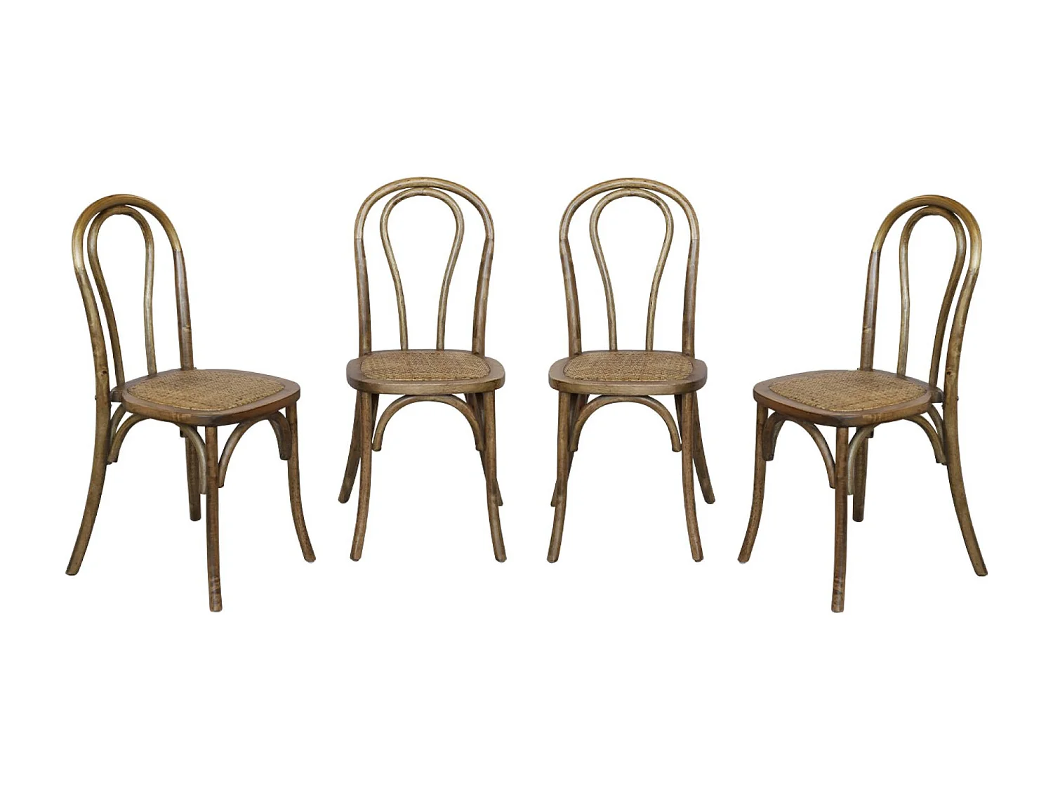 Lot de 4 chaises vintage en bois avec assise en rotin et dossier arrondi. coloris marron vieilli. L 48 x P 49.5 x H 90cm