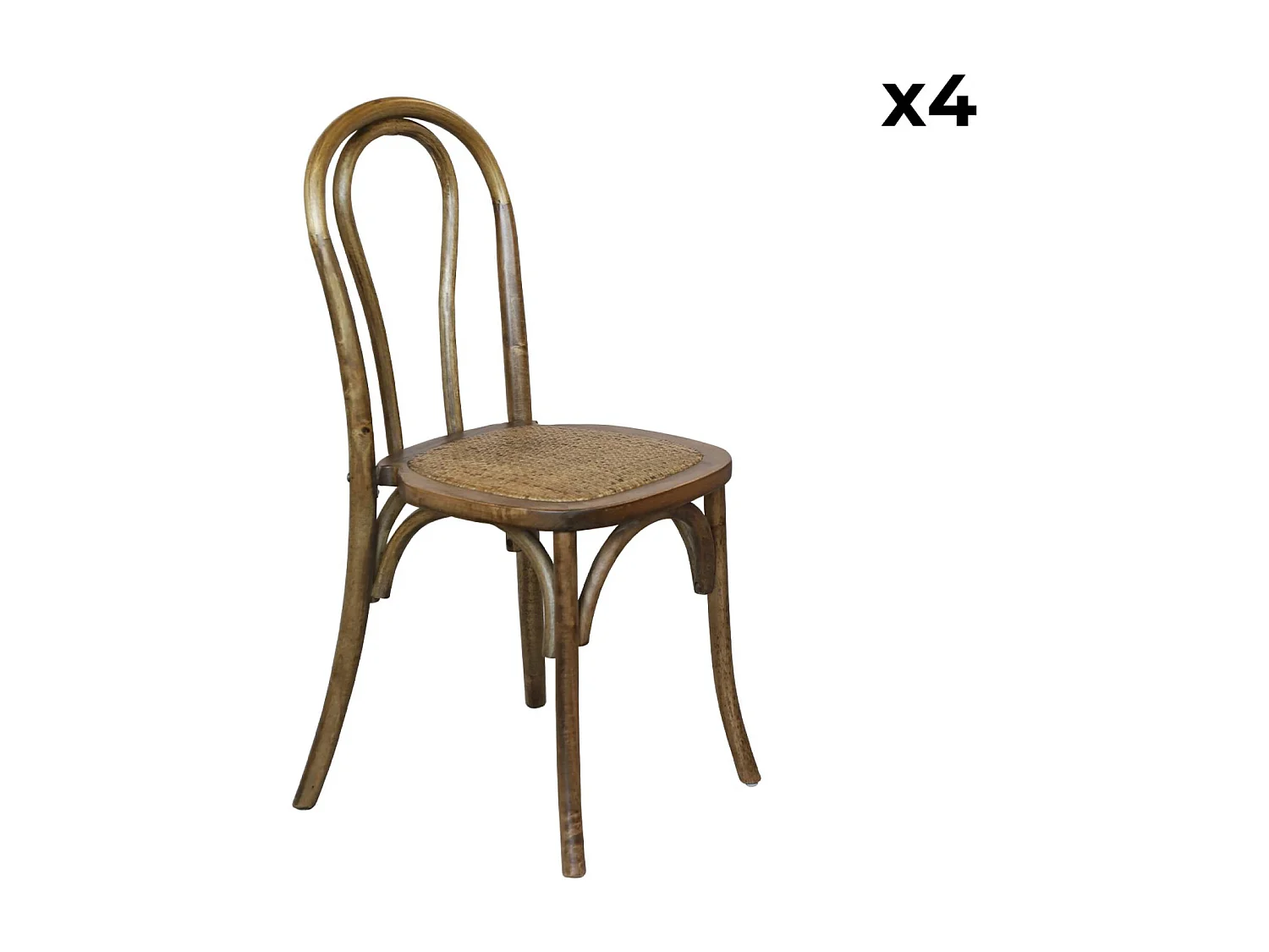 Lot de 4 chaises vintage en bois avec assise en rotin et dossier arrondi. coloris marron vieilli. L 48 x P 49.5 x H 90cm