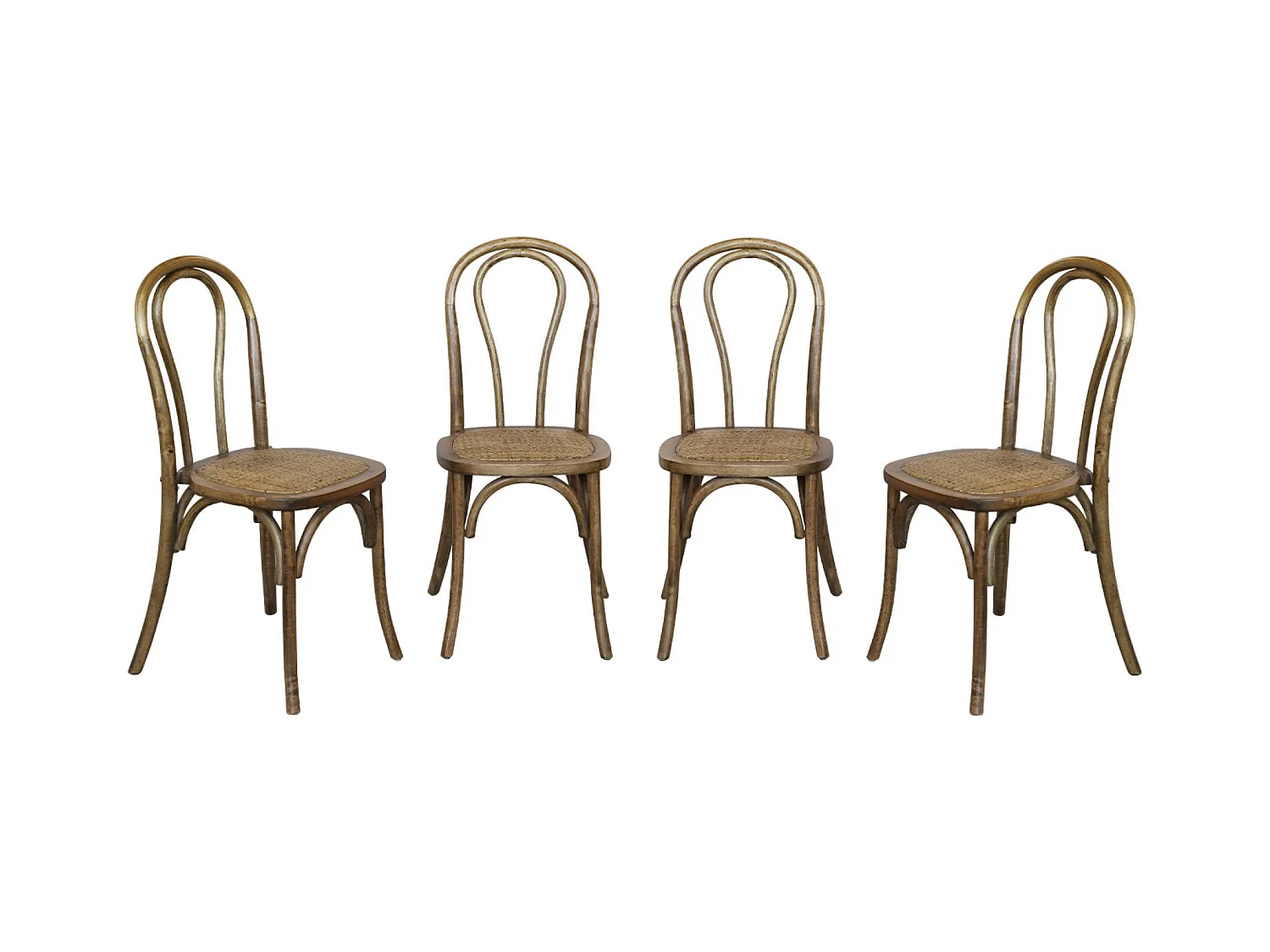 Lot de 4 chaises vintage en bois avec assise en rotin et dossier arrondi. coloris marron vieilli. L 48 x P 49.5 x H 90cm