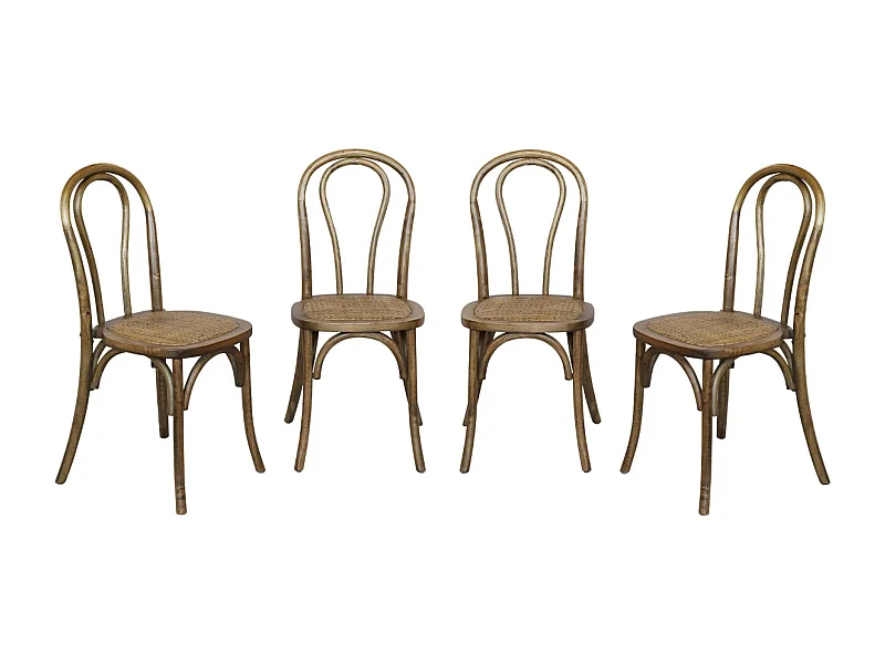 Lot de 4 chaises vintage en bois avec assise en rotin et dossier arrondi. coloris marron vieilli. L 48 x P 49.5 x H 90cm