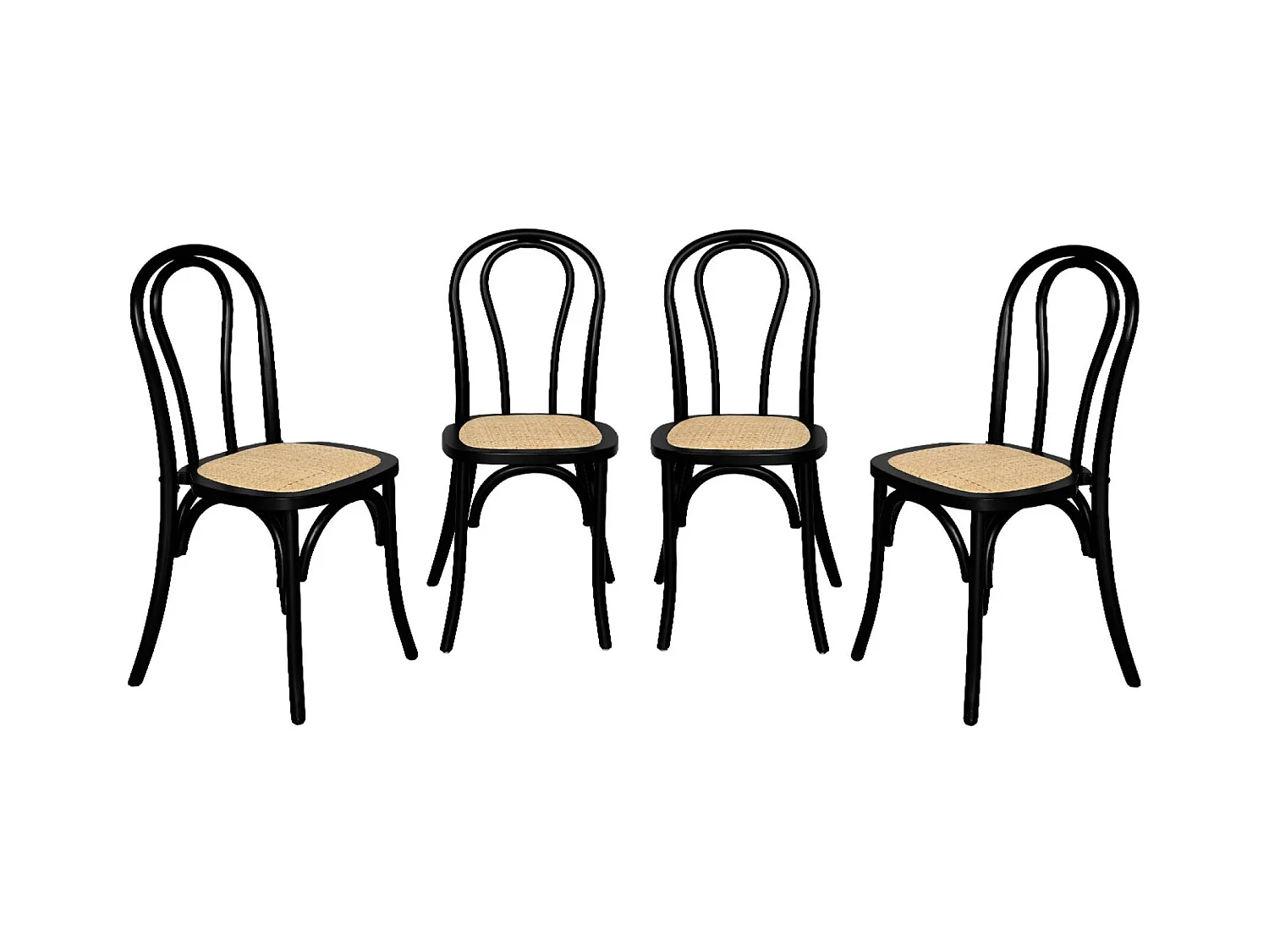 Lot de 4 chaises vintage en bois avec assise en rotin et dossier arrondi. coloris noir. L 48 x P 49.5 x H 90cm