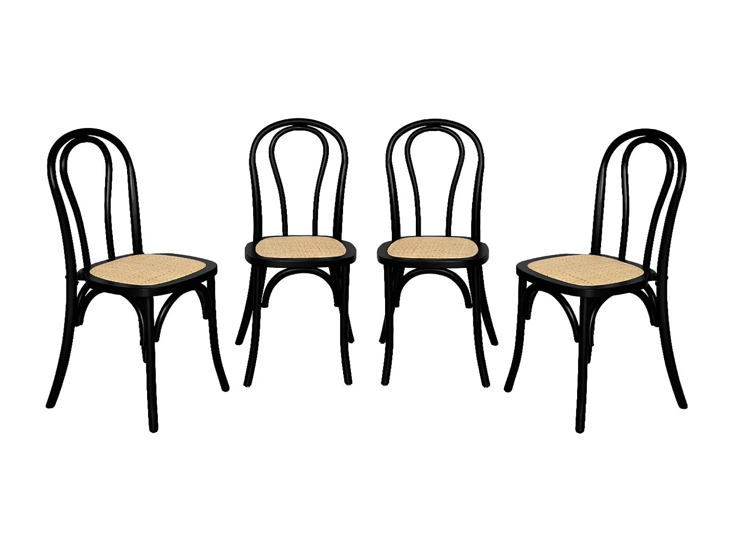 Silla vintage de madera y ratán, set de 4 negro