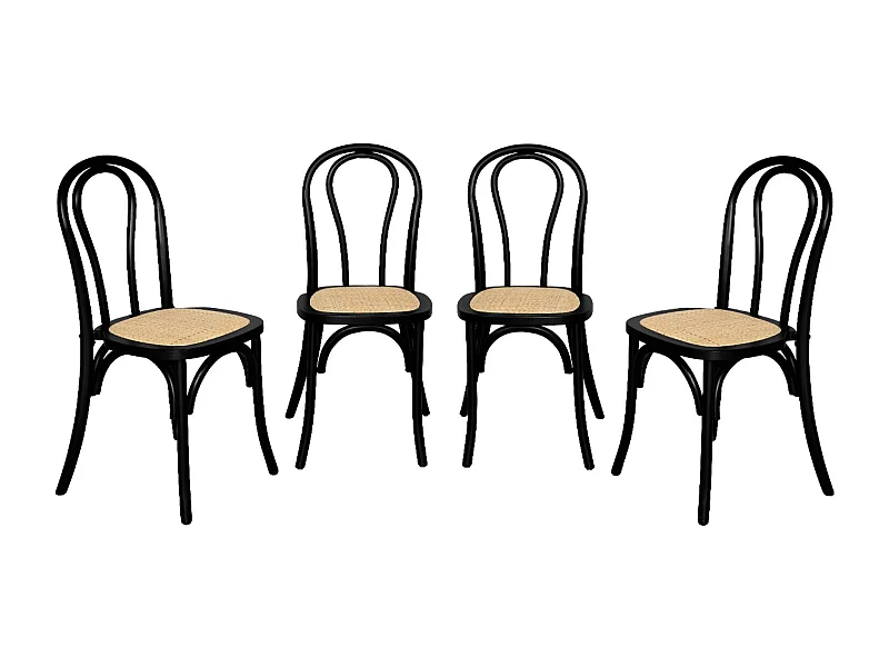 Set di 4 sedie vintage in legno e rattan, nero