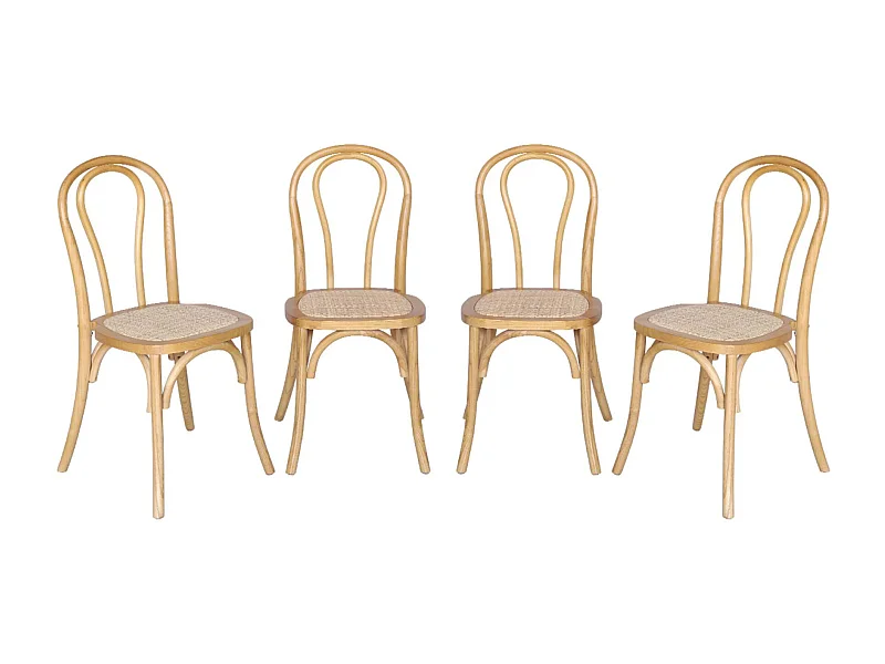 Silla vintage de madera y ratán, set de 4 natural
