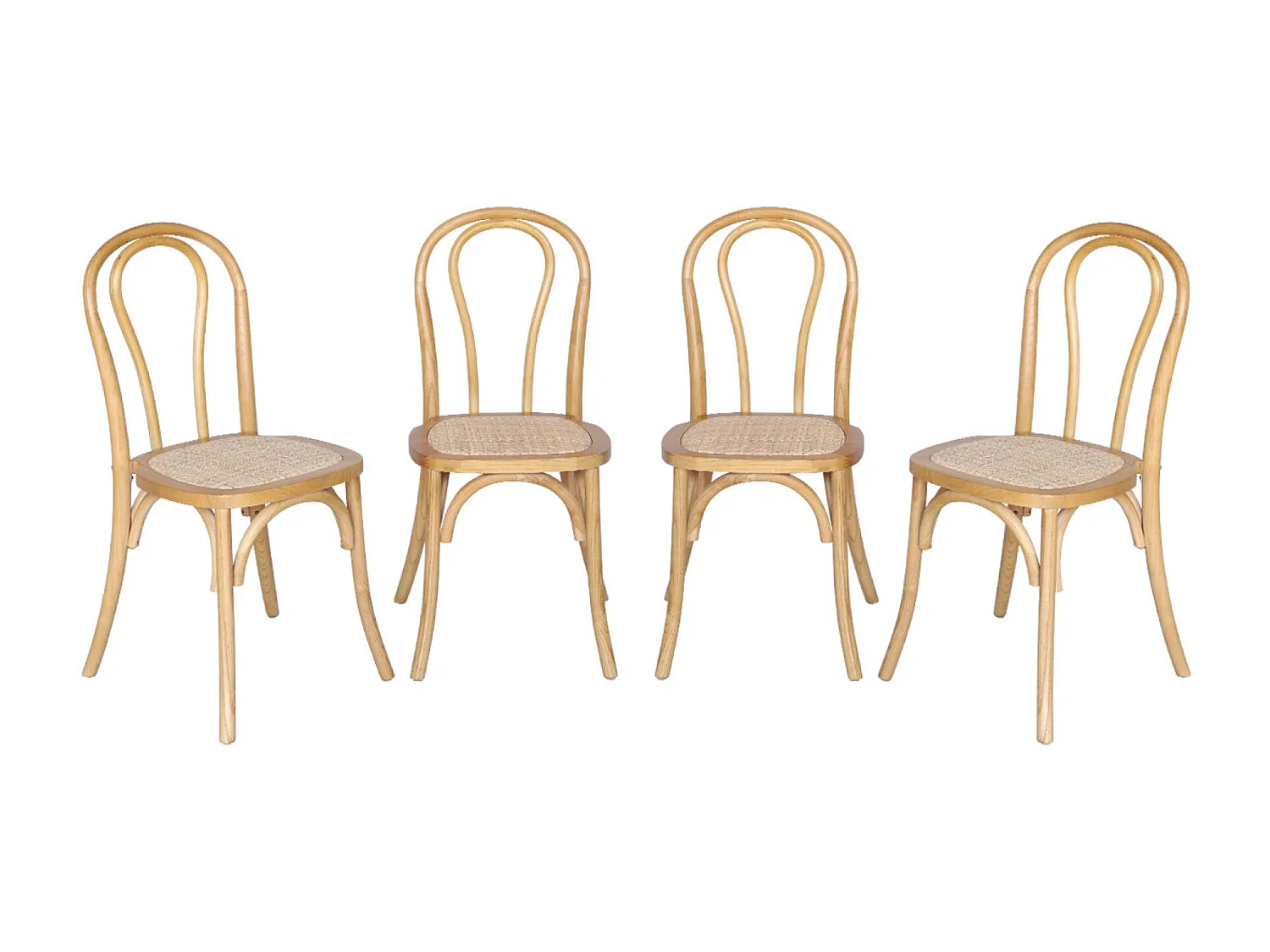Lot de 4 chaises vintage en bois avec assise en rotin et dossier arrondi. coloris naturel. L 48 x P 49.5 x H 90cm