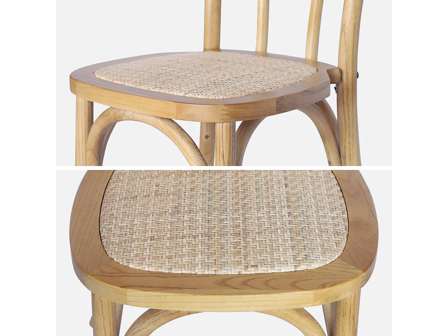 Lot de 4 chaises vintage en bois avec assise en rotin et dossier arrondi. coloris naturel. L 48 x P 49.5 x H 90cm