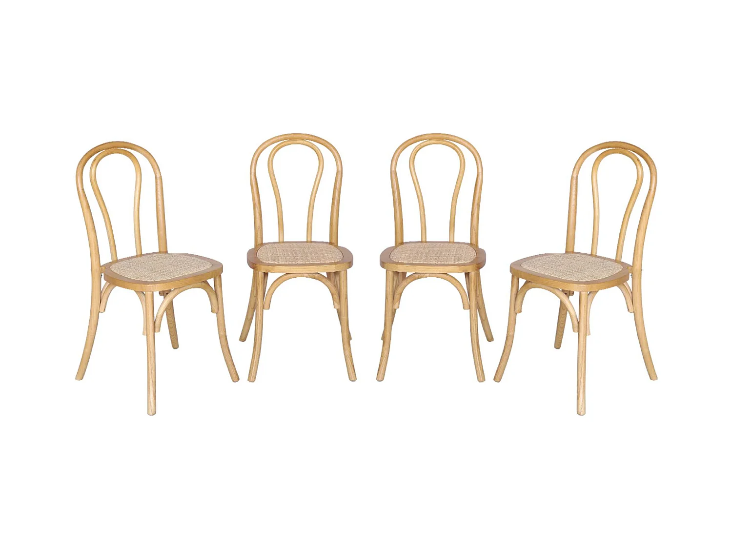 Lot de 4 chaises vintage en bois avec assise en rotin et dossier arrondi. coloris naturel. L 48 x P 49.5 x H 90cm