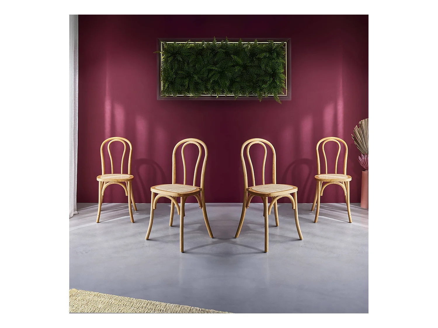 Set di 4 sedie vintage in legno e rattan, marrone naturale