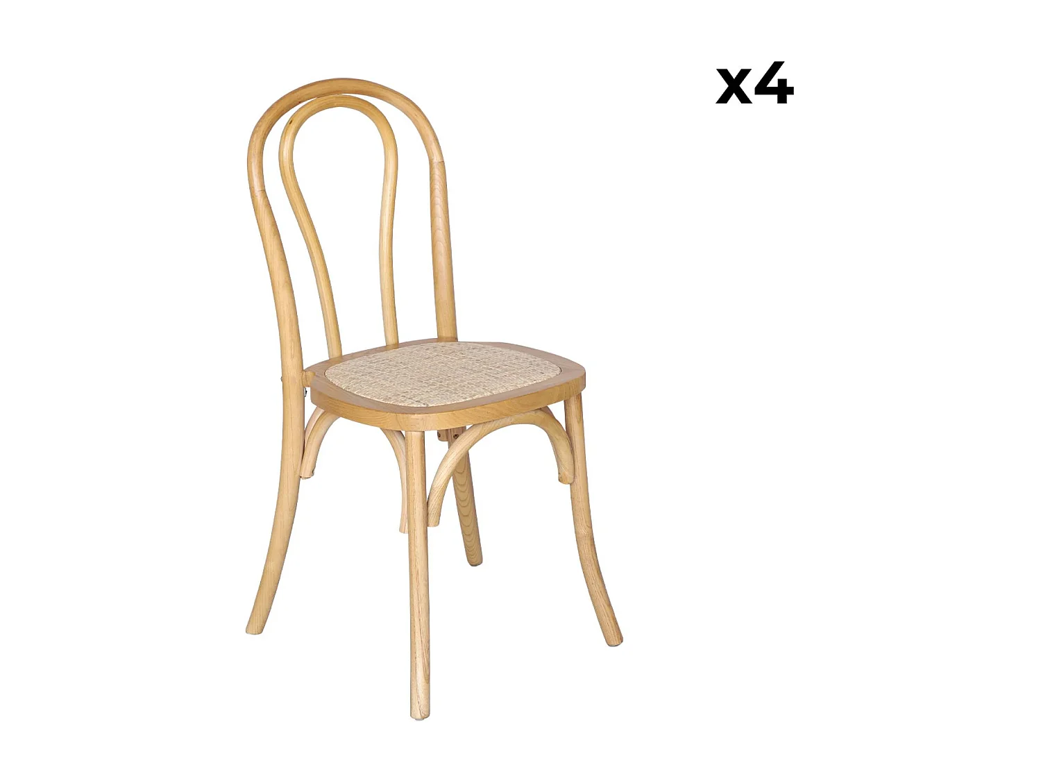 Set di 4 sedie vintage in legno e rattan, marrone naturale