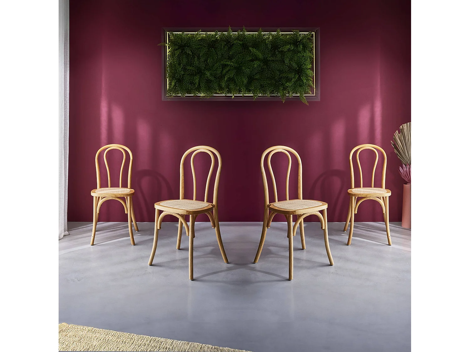 Silla vintage de madera y ratán, set de 4 natural