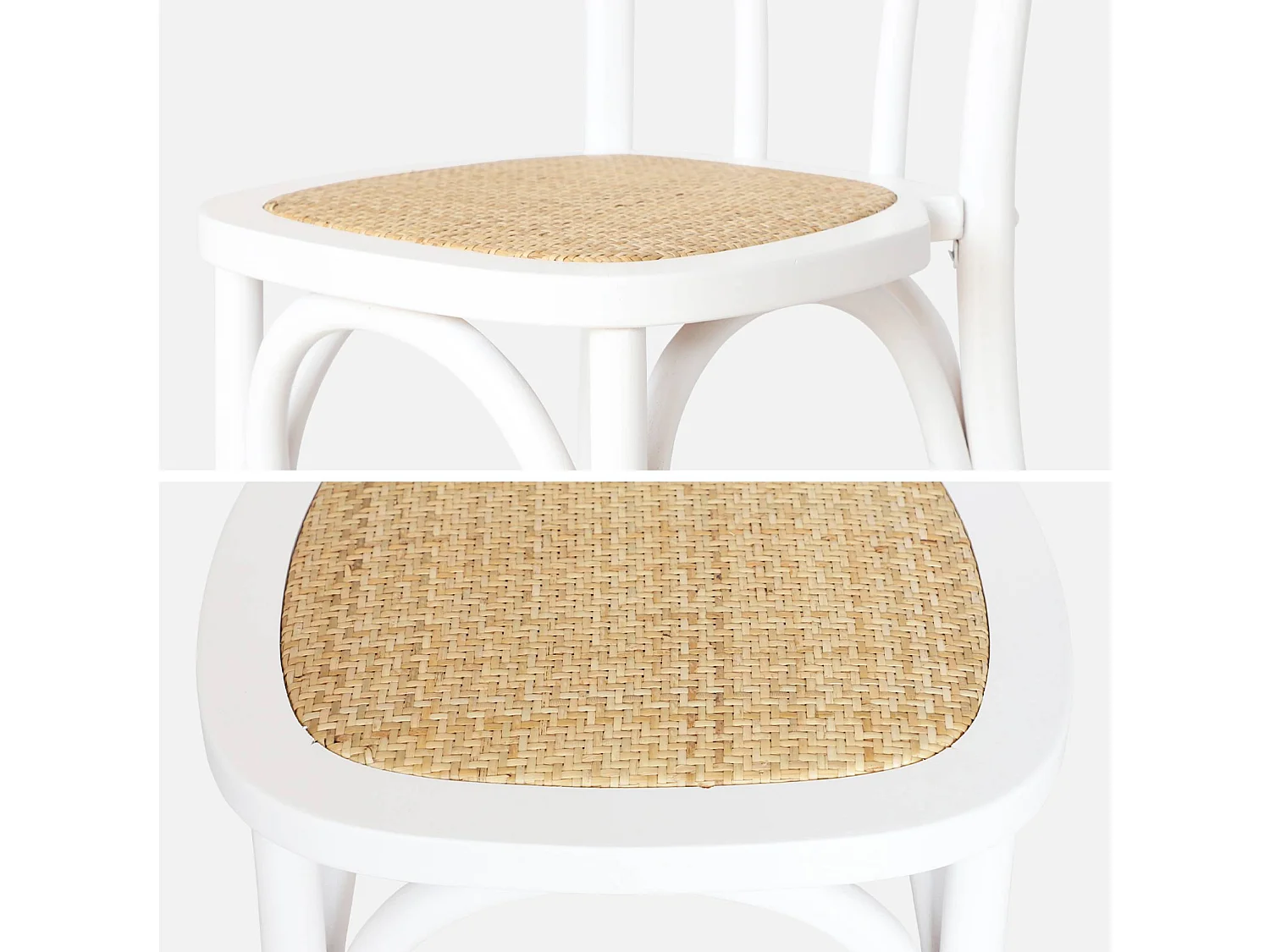 Lot de 4 chaises vintage en bois avec assise en rotin et dossier arrondi. coloris blanc. L 48 x P 49.5 x H 90cm