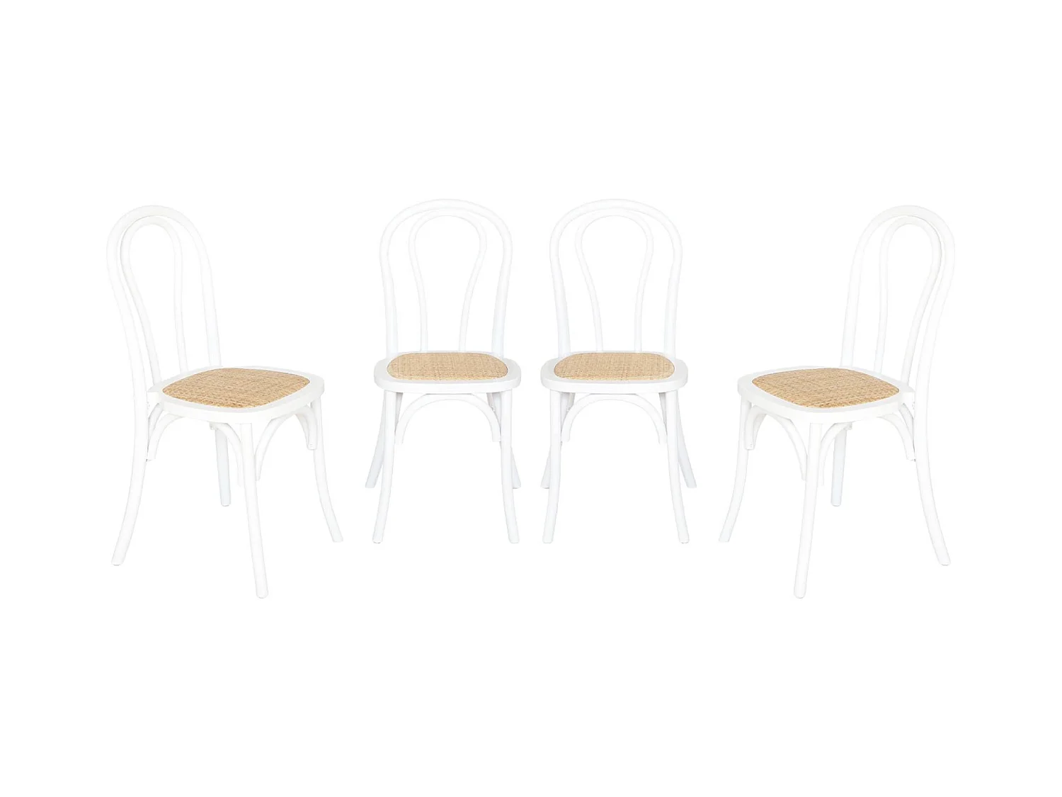 Lot de 4 chaises vintage en bois avec assise en rotin et dossier arrondi. coloris blanc. L 48 x P 49.5 x H 90cm