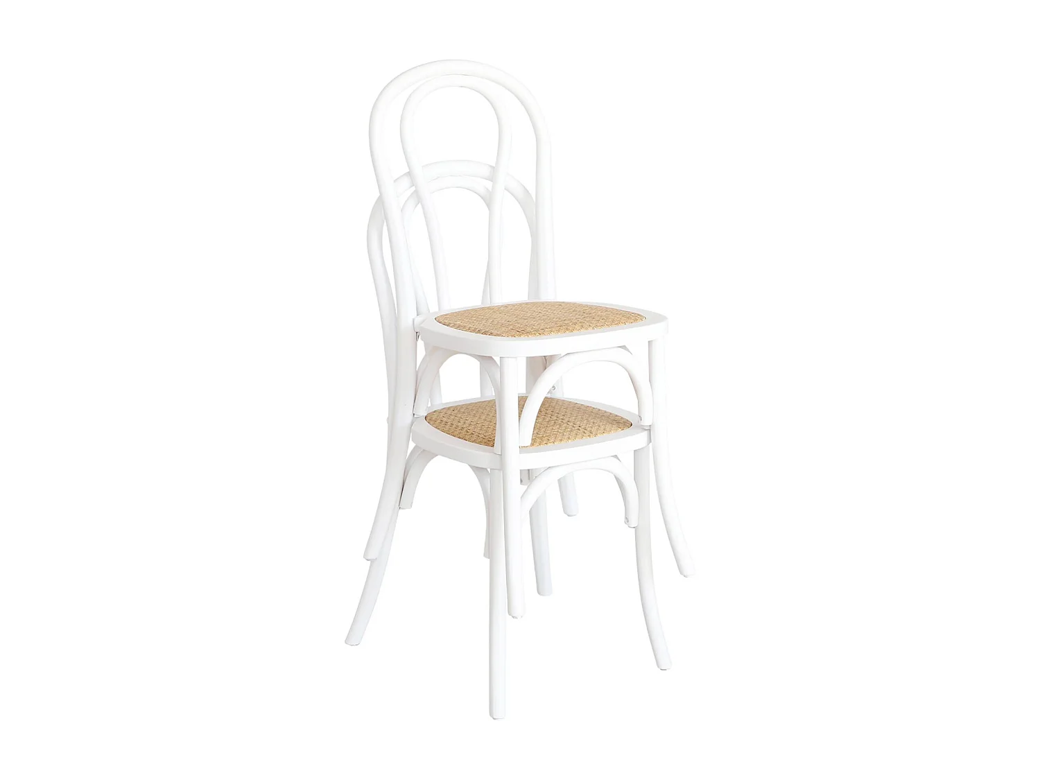 Lot de 4 chaises vintage en bois avec assise en rotin et dossier arrondi. coloris blanc. L 48 x P 49.5 x H 90cm