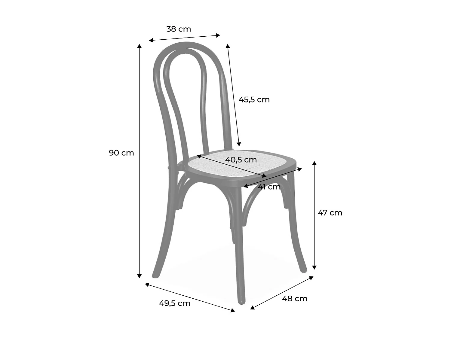 Lot de 4 chaises vintage en bois avec assise en rotin et dossier arrondi. coloris blanc. L 48 x P 49.5 x H 90cm