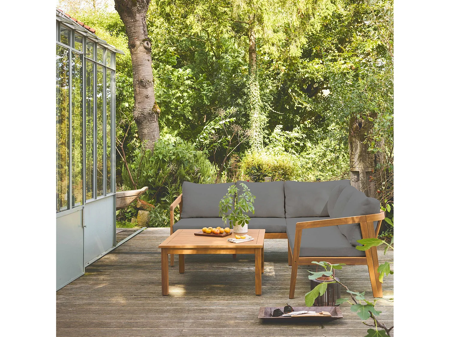 Salotto da giardino angolare in acacia 5 posti, grigio