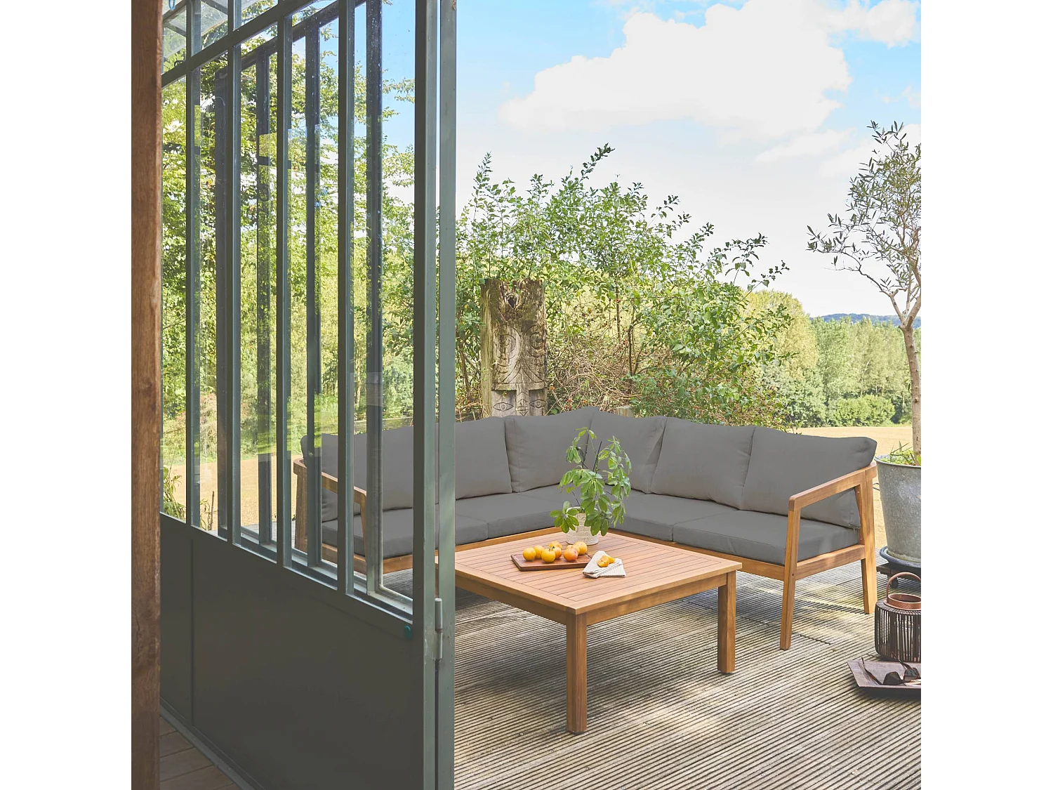 Salotto da giardino angolare in acacia 5 posti, grigio