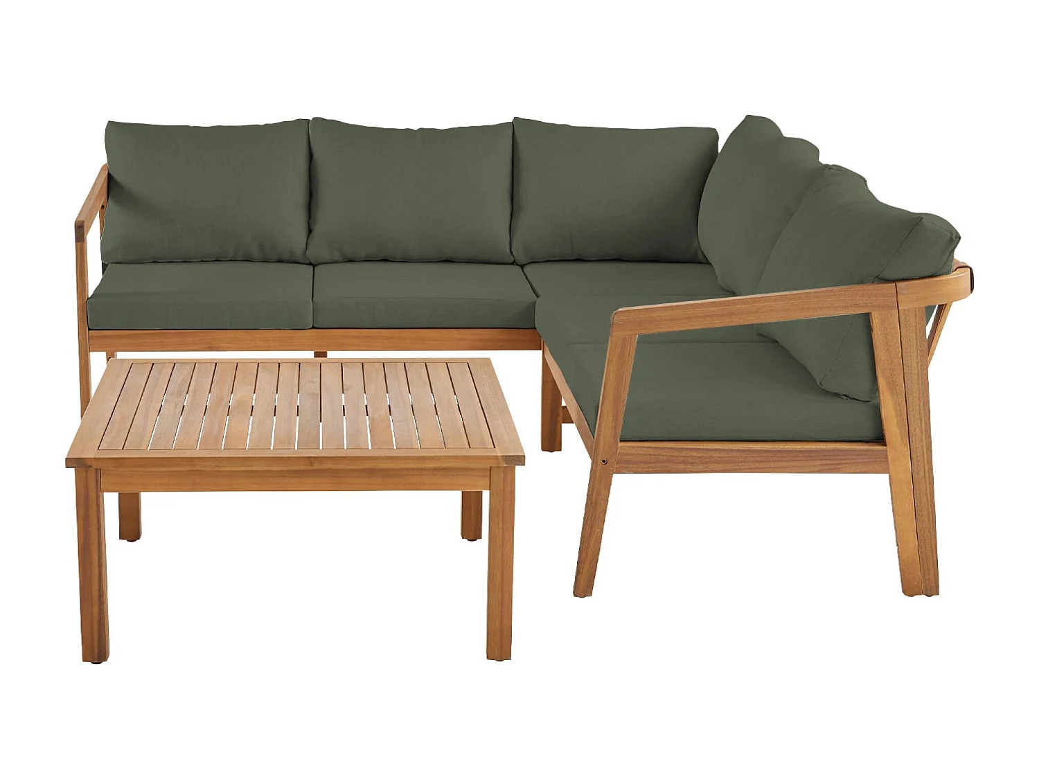 Salon de jardin d'angle kaki en acacia 5 places LOBERIA CORNER. table carrée