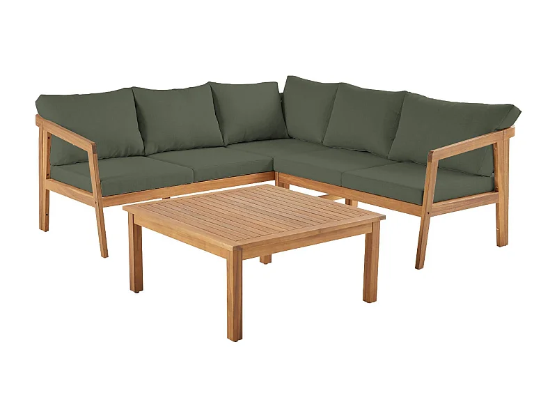 Salon de jardin d'angle kaki en acacia 5 places LOBERIA CORNER. table carrée