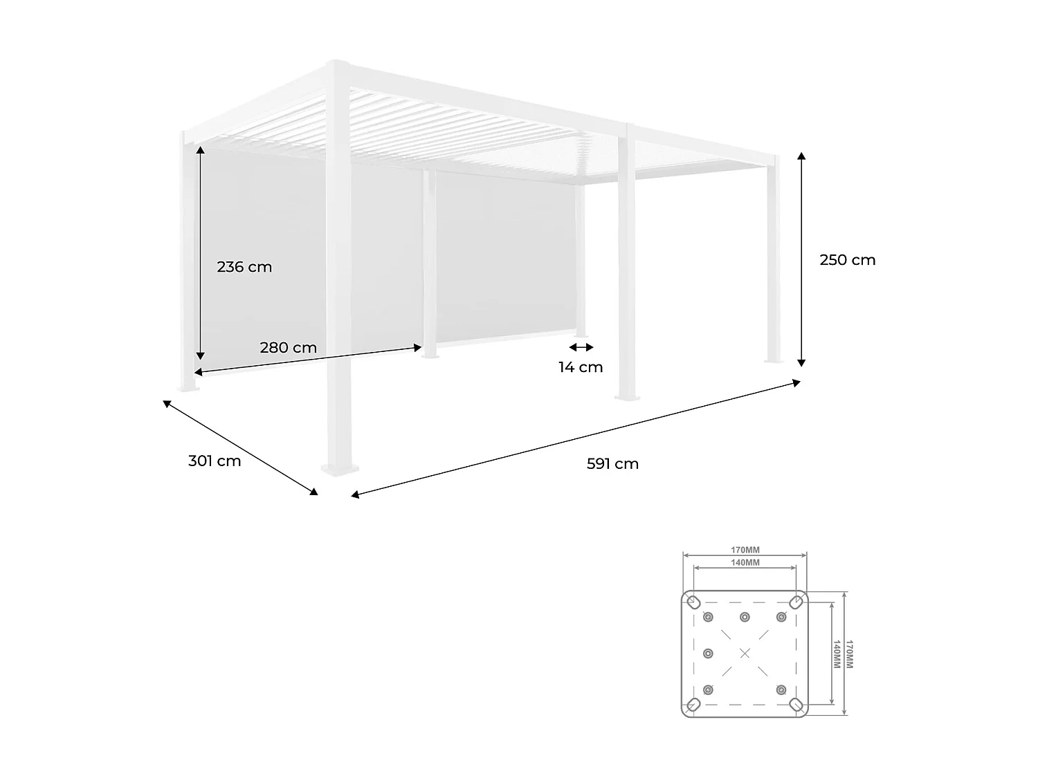 Pergola Bioclimatique blanc 300x600cm. aluminium à lames orientables + 2 stores 3m