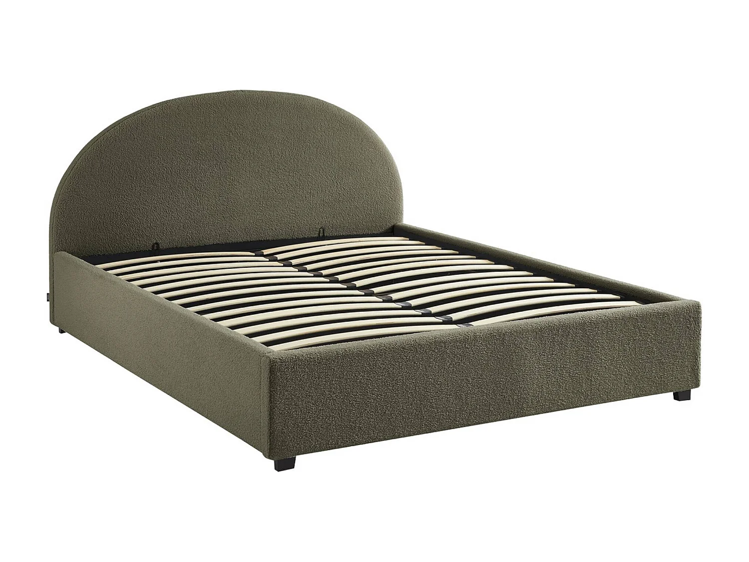 Lit coffre avec sommier à lattes et tête de lit. finition bouclette. kaki. L216.5 x P174 x H102cm