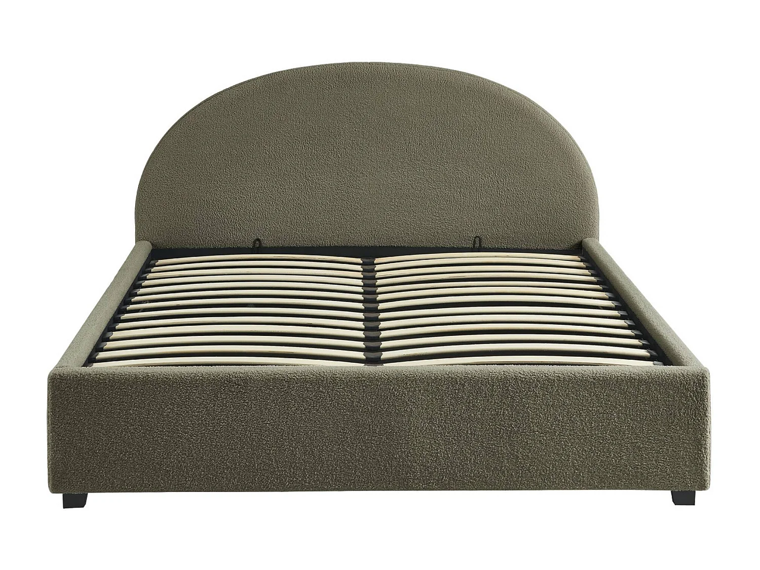 Lit coffre avec sommier à lattes et tête de lit. finition bouclette. kaki. L216.5 x P174 x H102cm