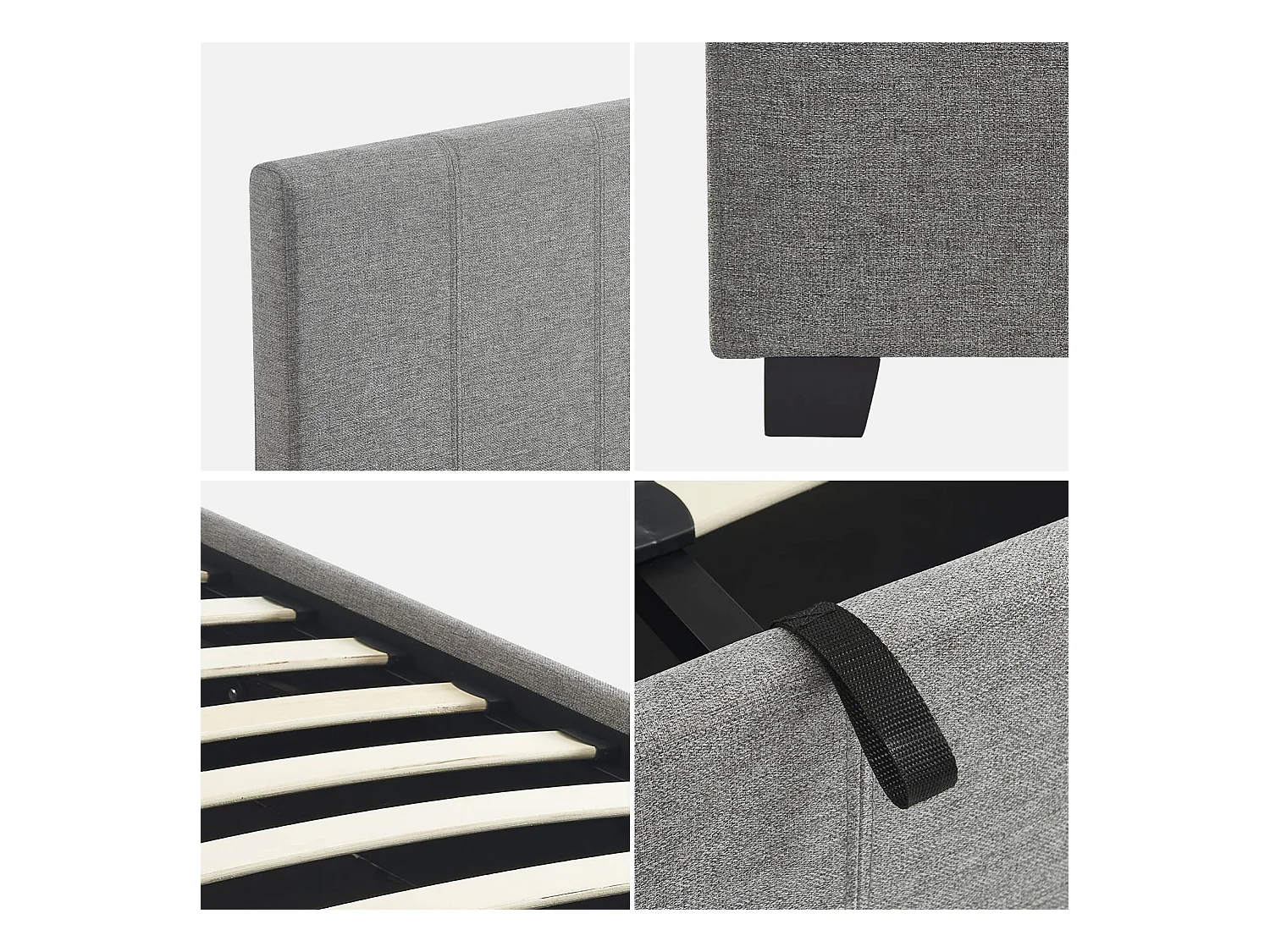 Lit coffre avec sommier à lattes et tête de lit. finition tissu gris clair. L211 x P168 x H86cm