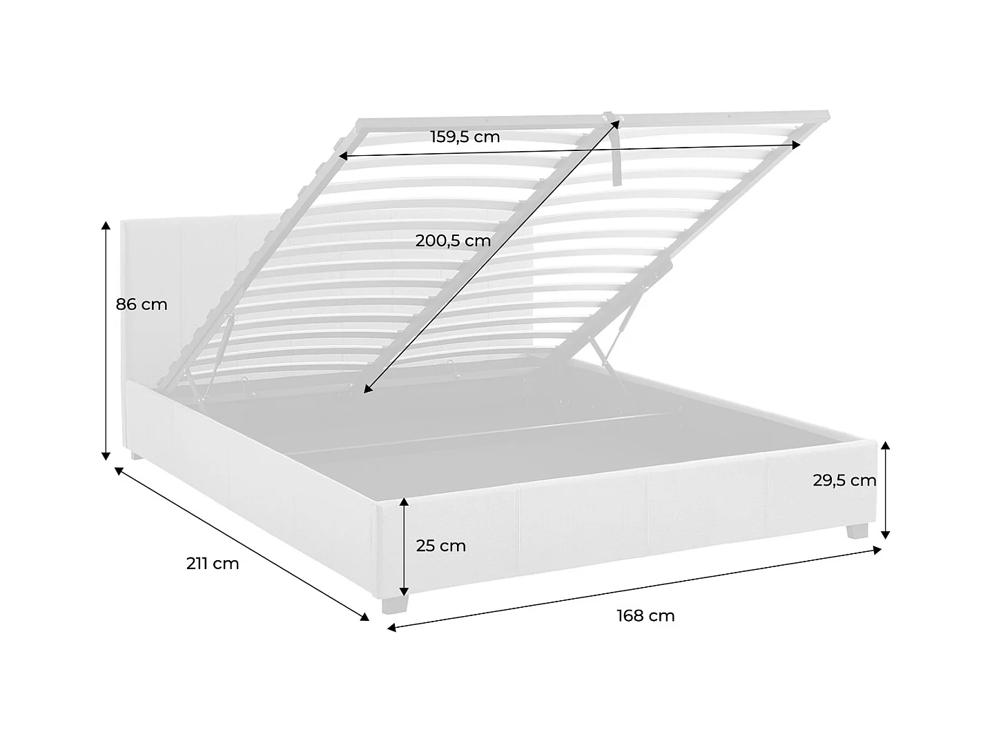 Lit coffre avec sommier à lattes et tête de lit. finition tissu gris clair. L211 x P168 x H86cm