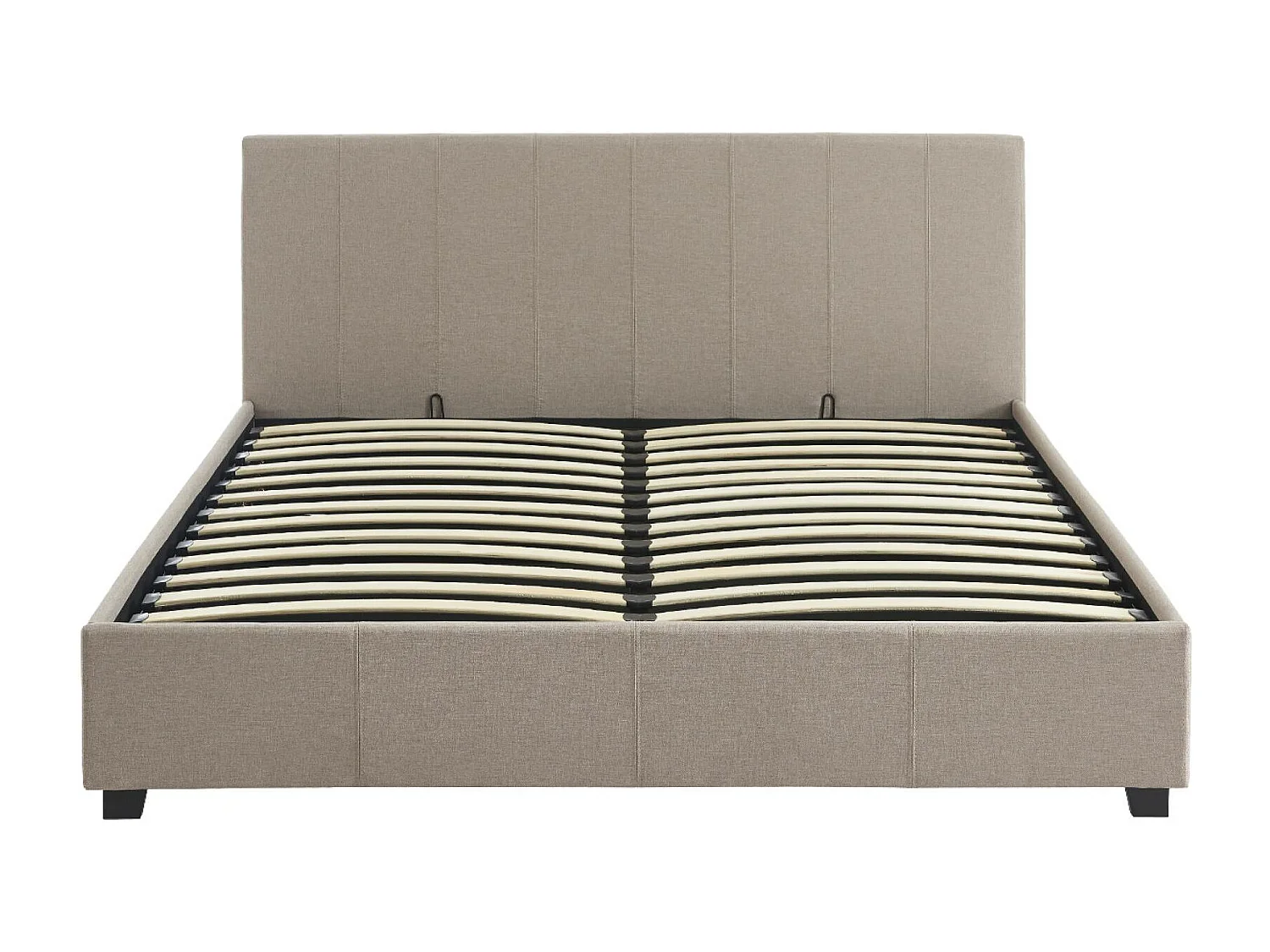 Lit coffre avec sommier à lattes et tête de lit. finition tissu beige. L211 x P168 x H86cm