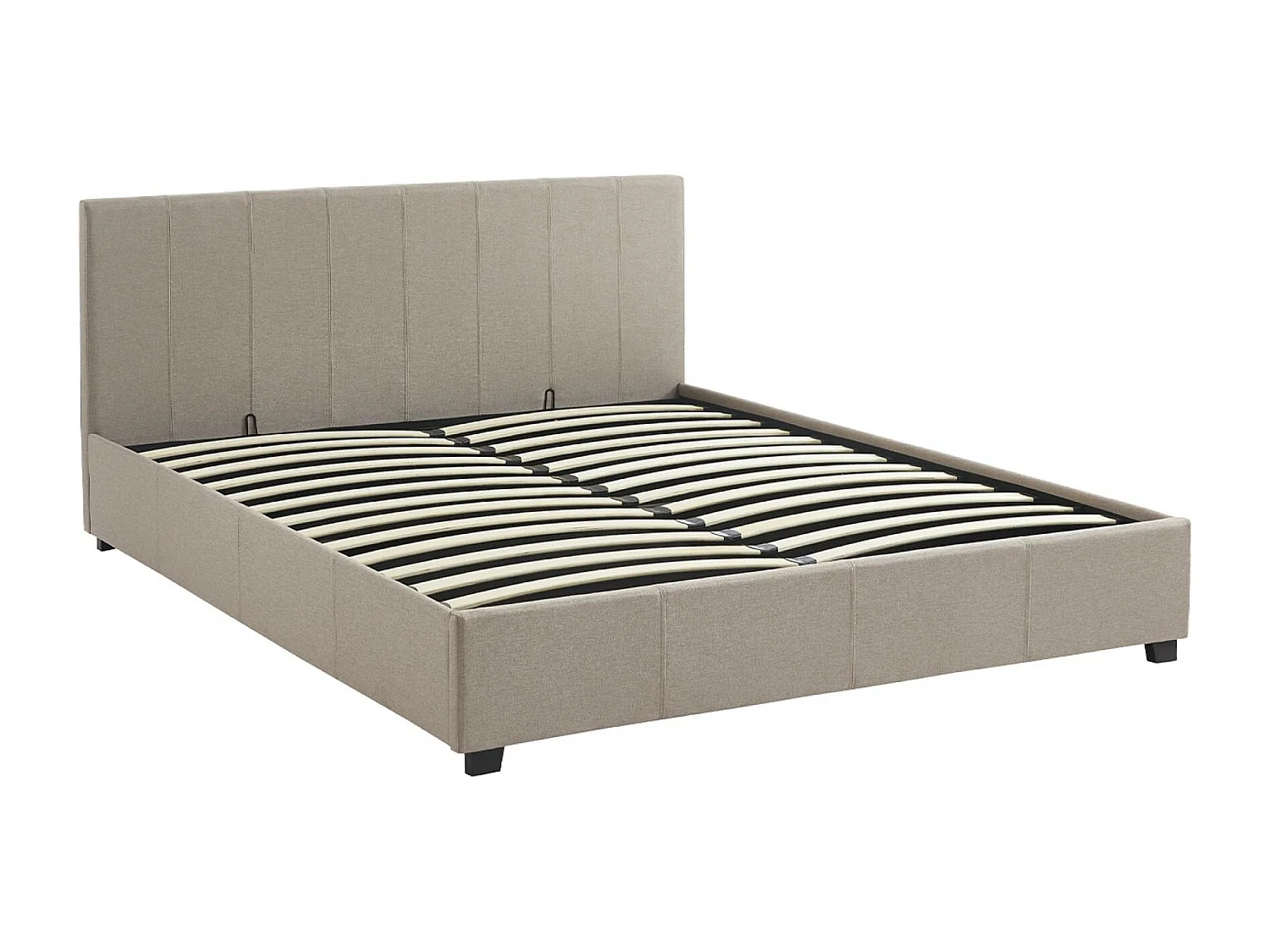 Lit coffre avec sommier à lattes et tête de lit. finition tissu beige. L211 x P168 x H86cm