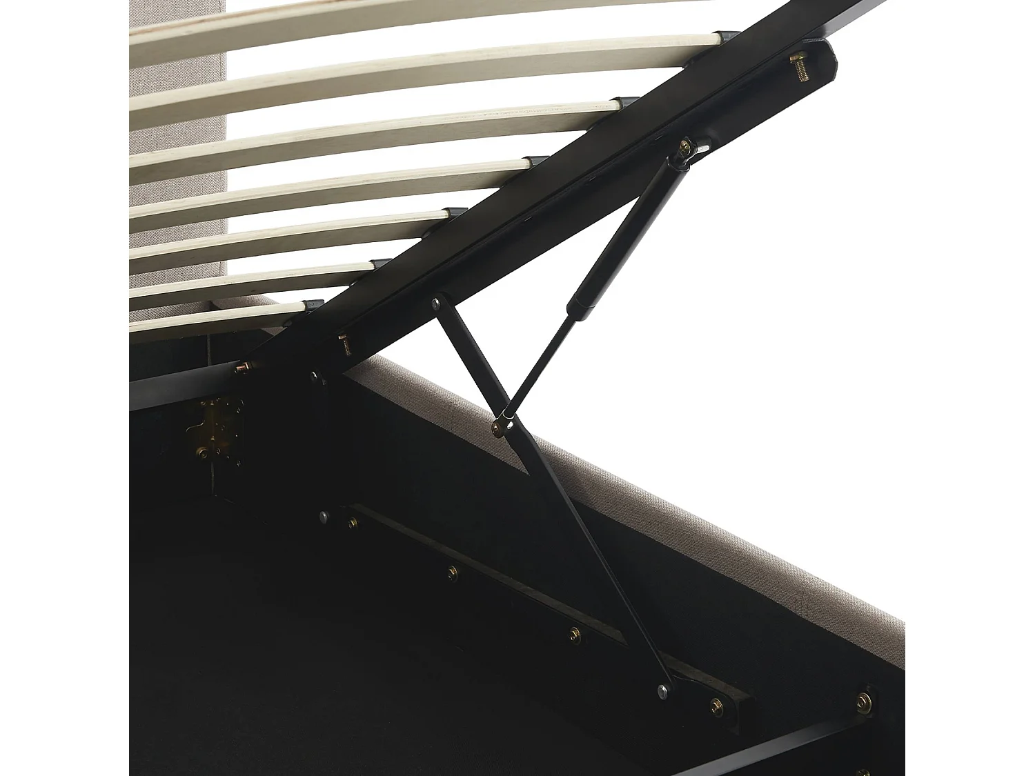 Lit coffre avec sommier à lattes et tête de lit. finition tissu beige. L211 x P168 x H86cm