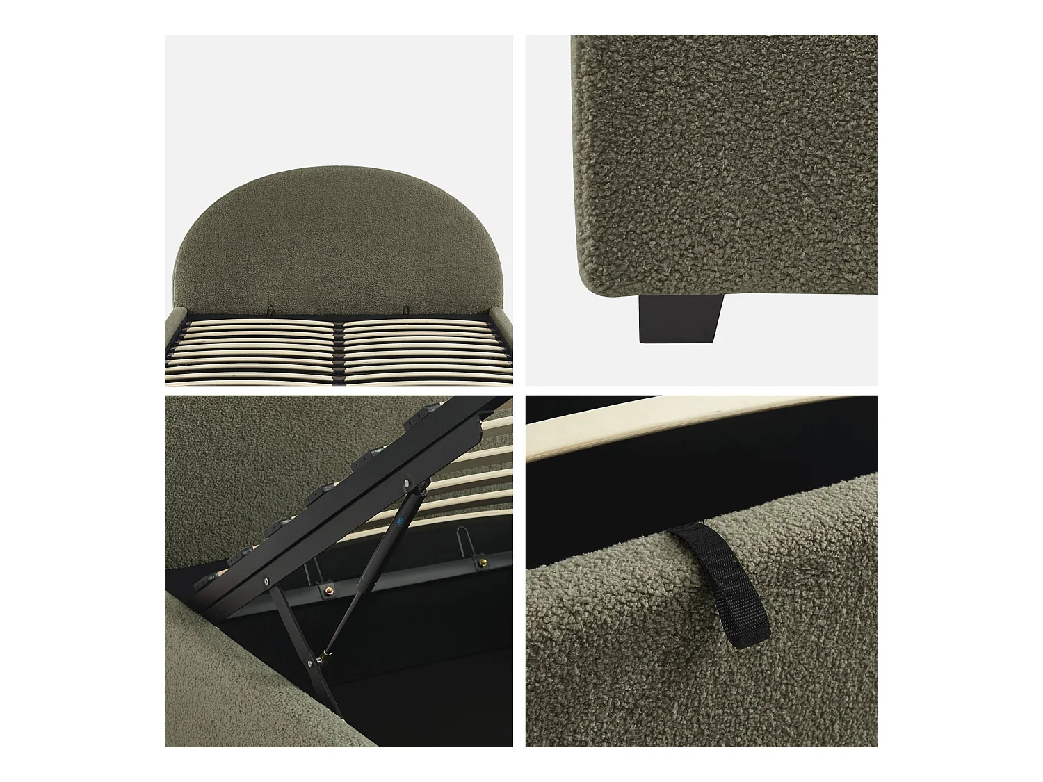 Lit coffre avec sommier à lattes et tête de lit. finition bouclette. kaki. L 206 x P 153.5 x H 102cm