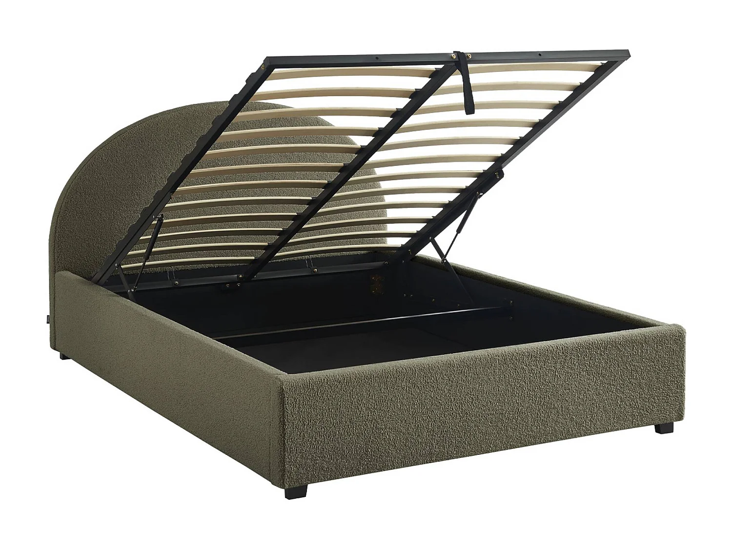 Struttura letto con contenitore e testiera 140cm, imbottita bouclé,