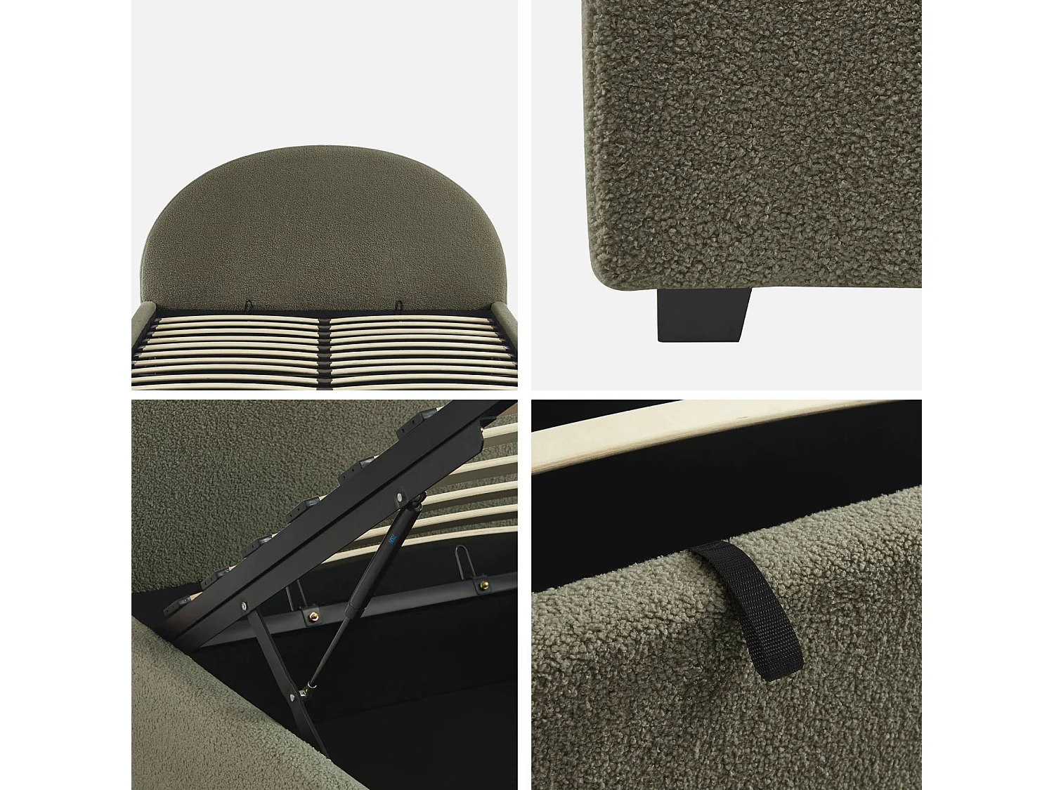 Struttura letto con contenitore e testiera 140cm, imbottita bouclé,