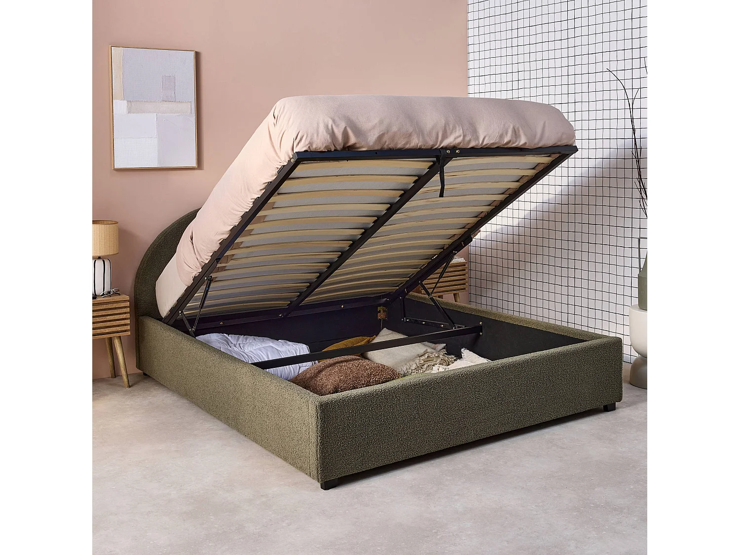 Struttura letto con contenitore e testiera 140cm, imbottita bouclé,