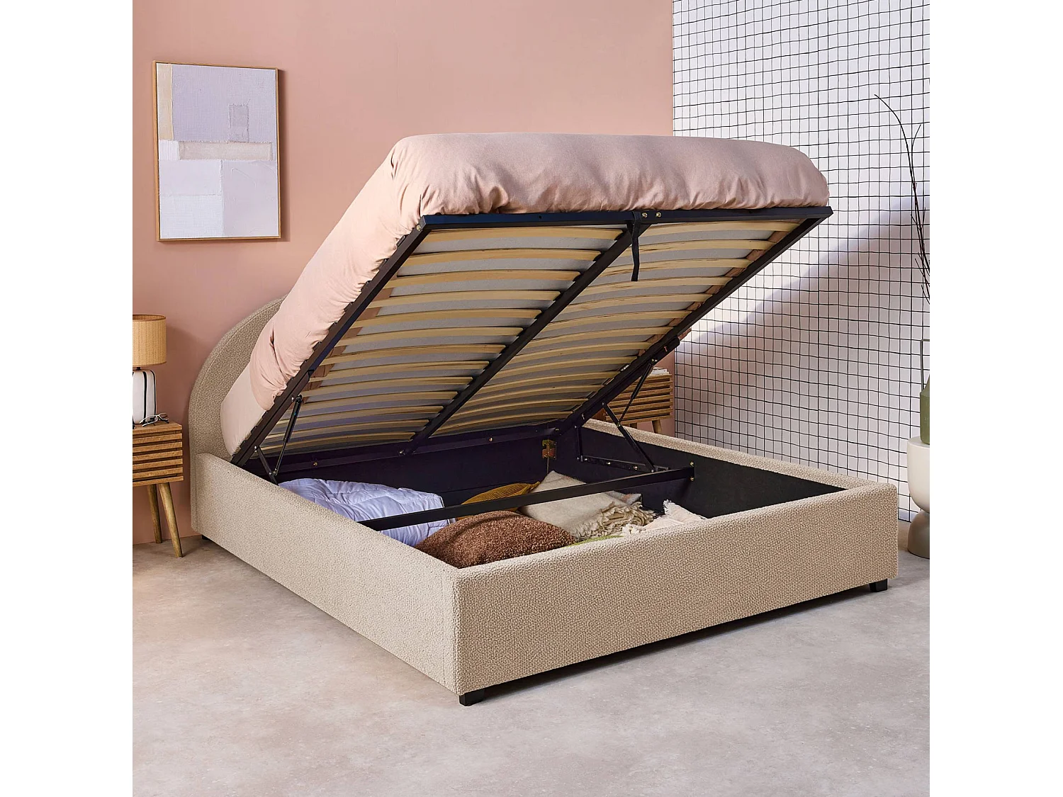 Struttura letto con contenitore e testiera 140cm, imbottita bouclé,