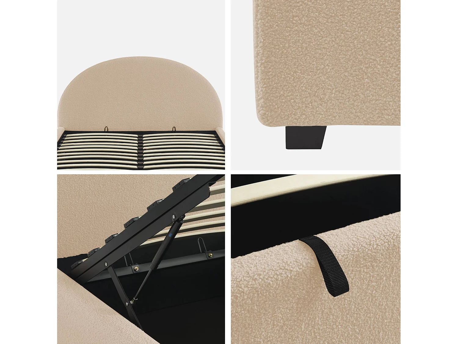 Cama con somier abatible y cabecero 140cm, acabado en borreguito nude