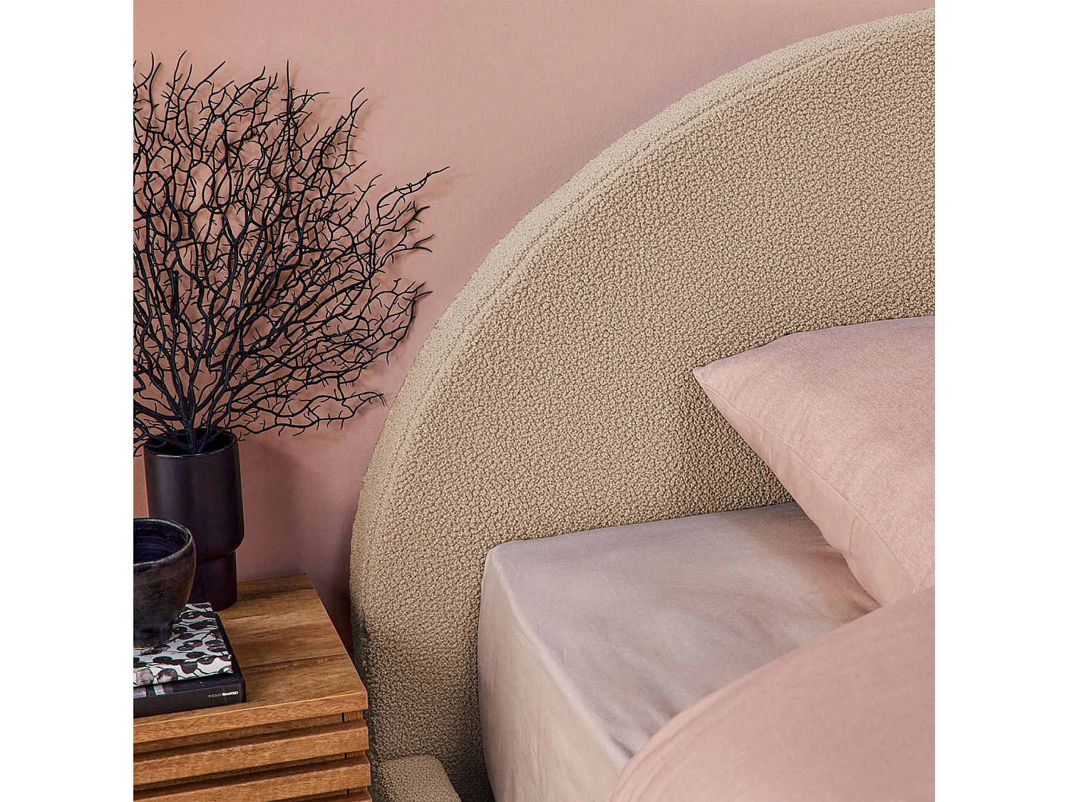 Struttura letto con contenitore e testiera 160cm, imbottita bouclé,