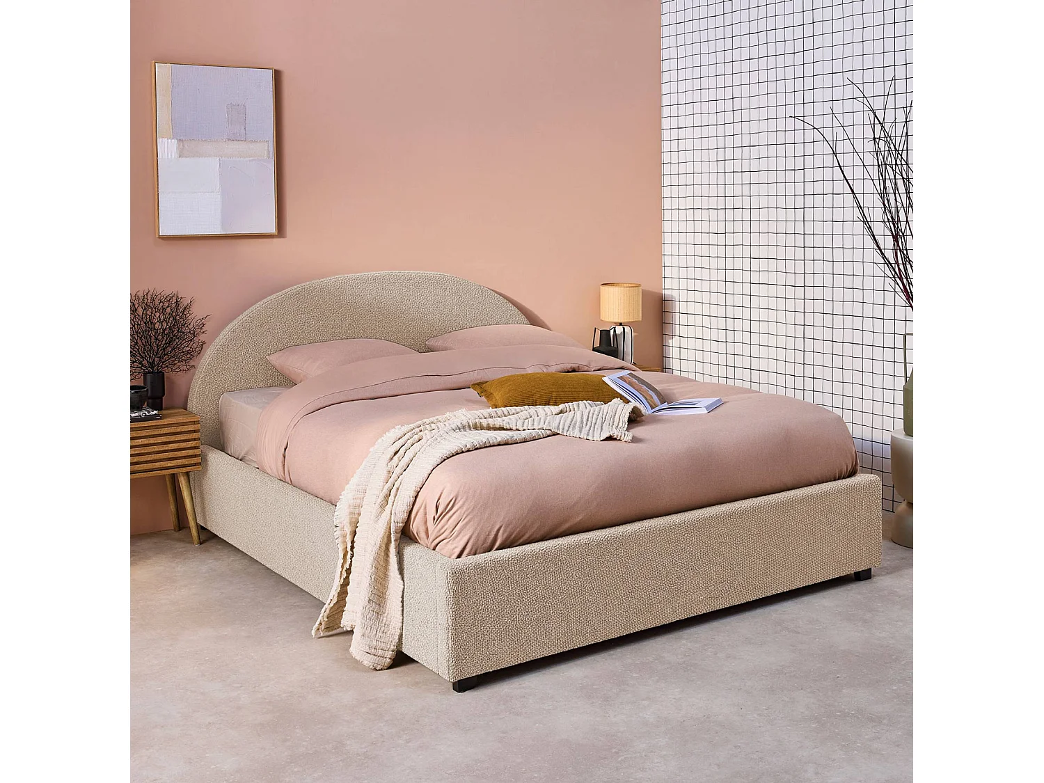 Struttura letto con contenitore e testiera 160cm, imbottita bouclé,