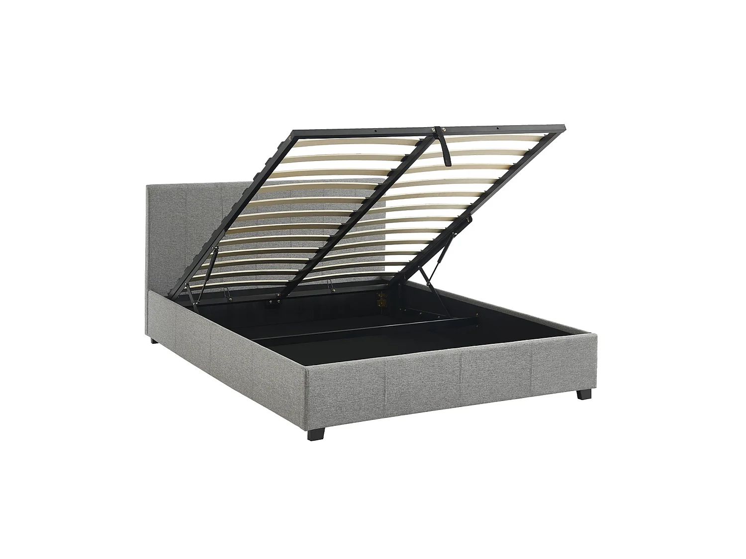 Letto a cassettone con rete a doghe e testiera, finitura in tessuto grigio chiaro, L 202 x P 148 x H