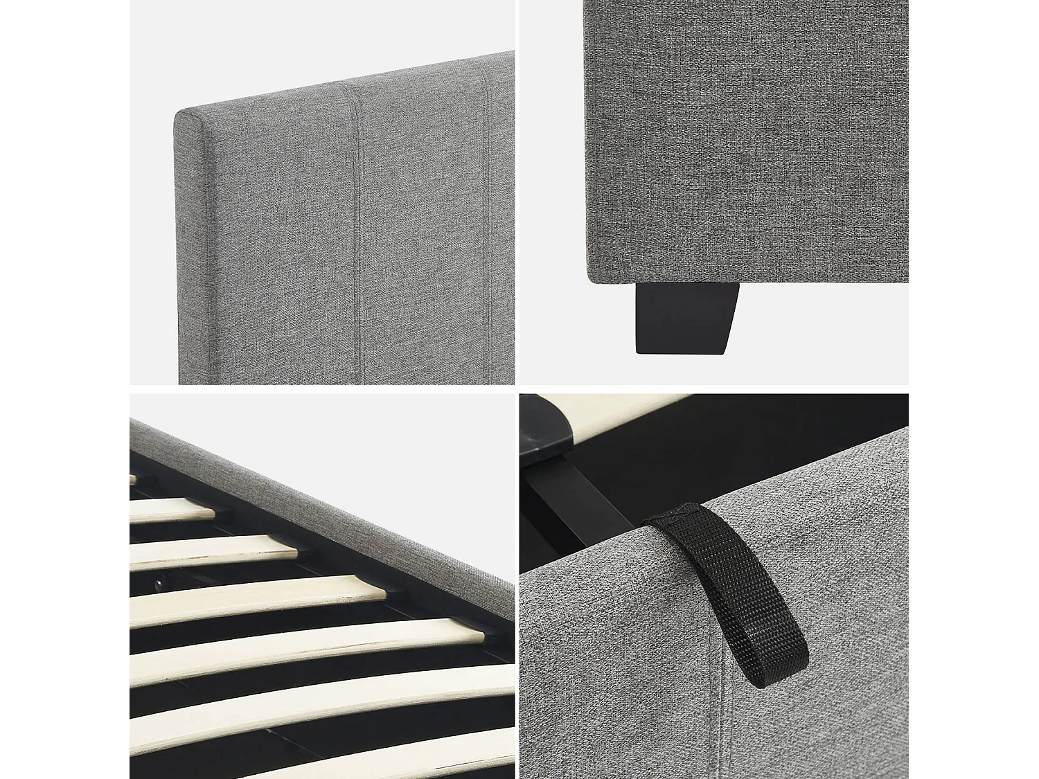 Letto a cassettone con rete a doghe e testiera, finitura in tessuto grigio chiaro, L 202 x P 148 x H