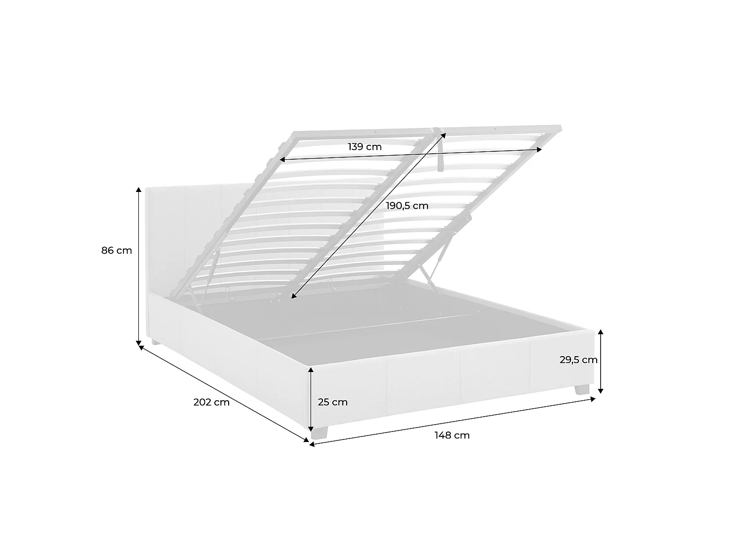 Letto a cassettone con rete a doghe e testiera, finitura in tessuto grigio chiaro, L 202 x P 148 x H