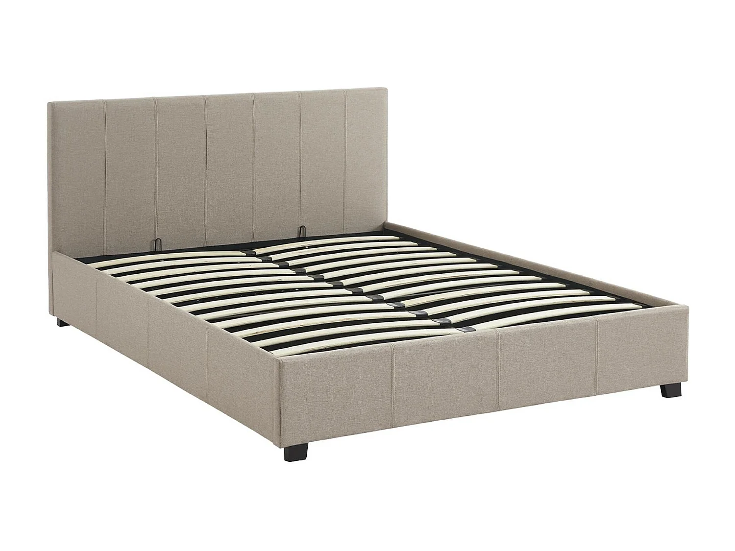 Lit coffre avec sommier à lattes et tête de lit. finition tissu beige. L 202 x P 148 x H 86cm