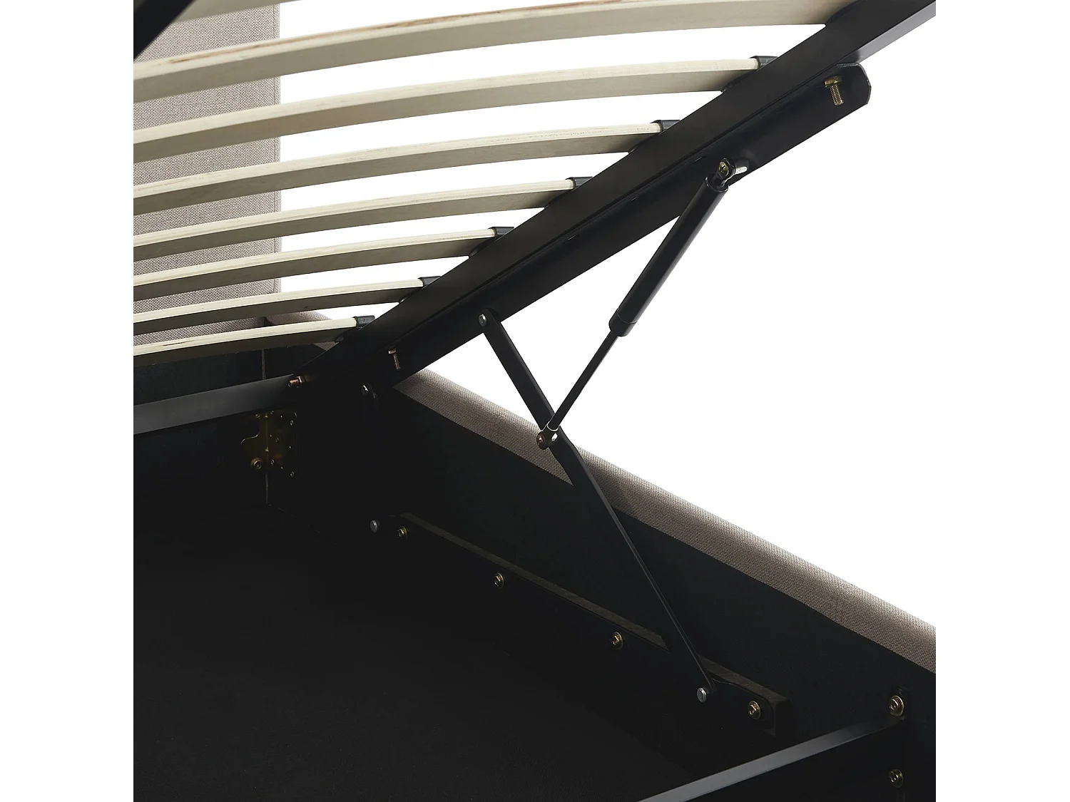 Lit coffre avec sommier à lattes et tête de lit. finition tissu beige. L 202 x P 148 x H 86cm