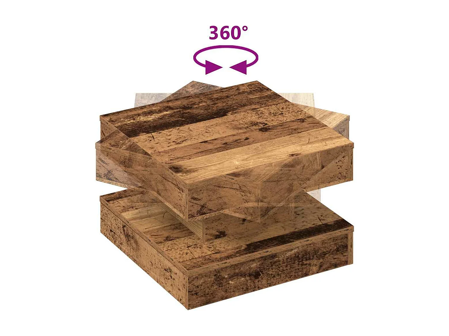 Mesa de centro rotativa a 360 graus 50x50x34,5 cm madeira velha