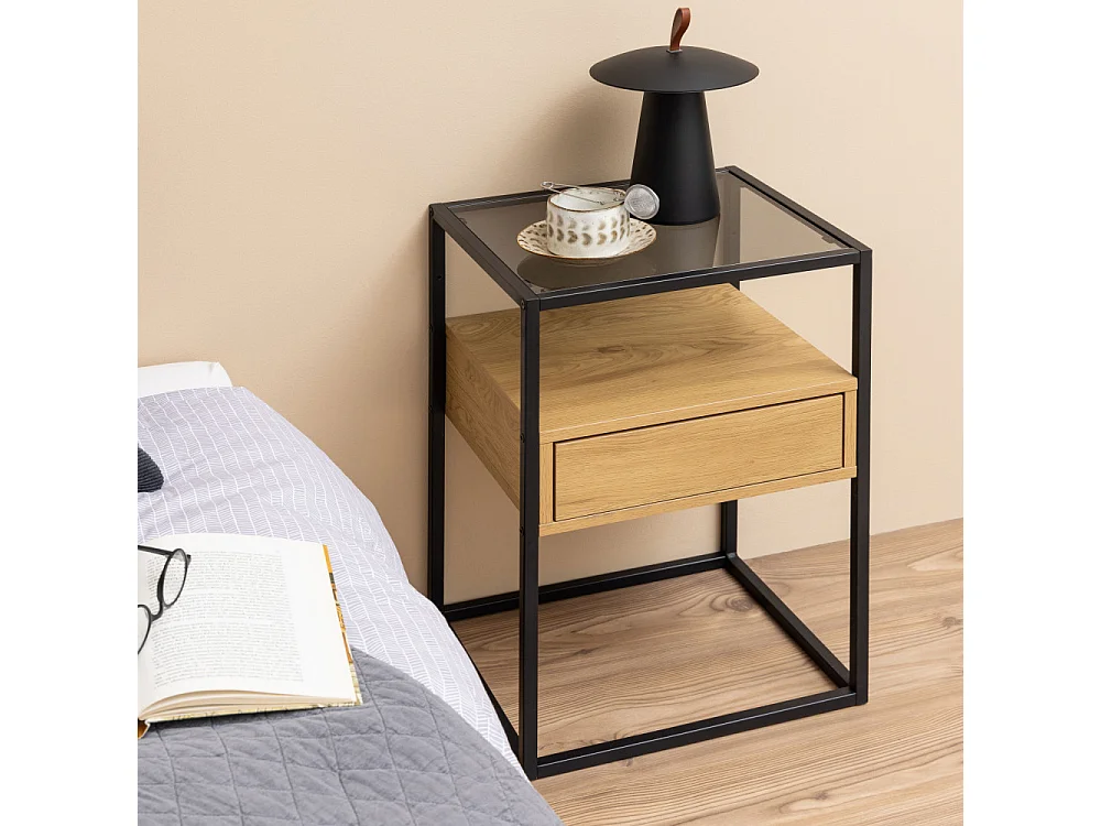 Luma - Table de chevet 1 tiroir en verre, bois et métal - Bois clair