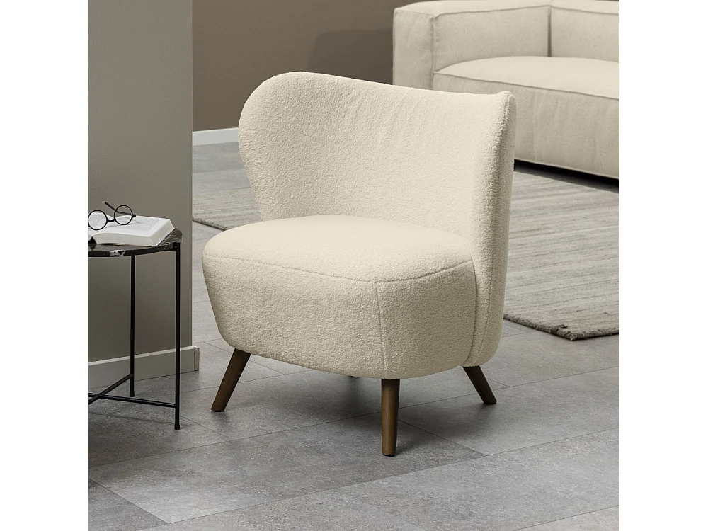Karl - Fauteuil en tissu bouclette et bois - Écru