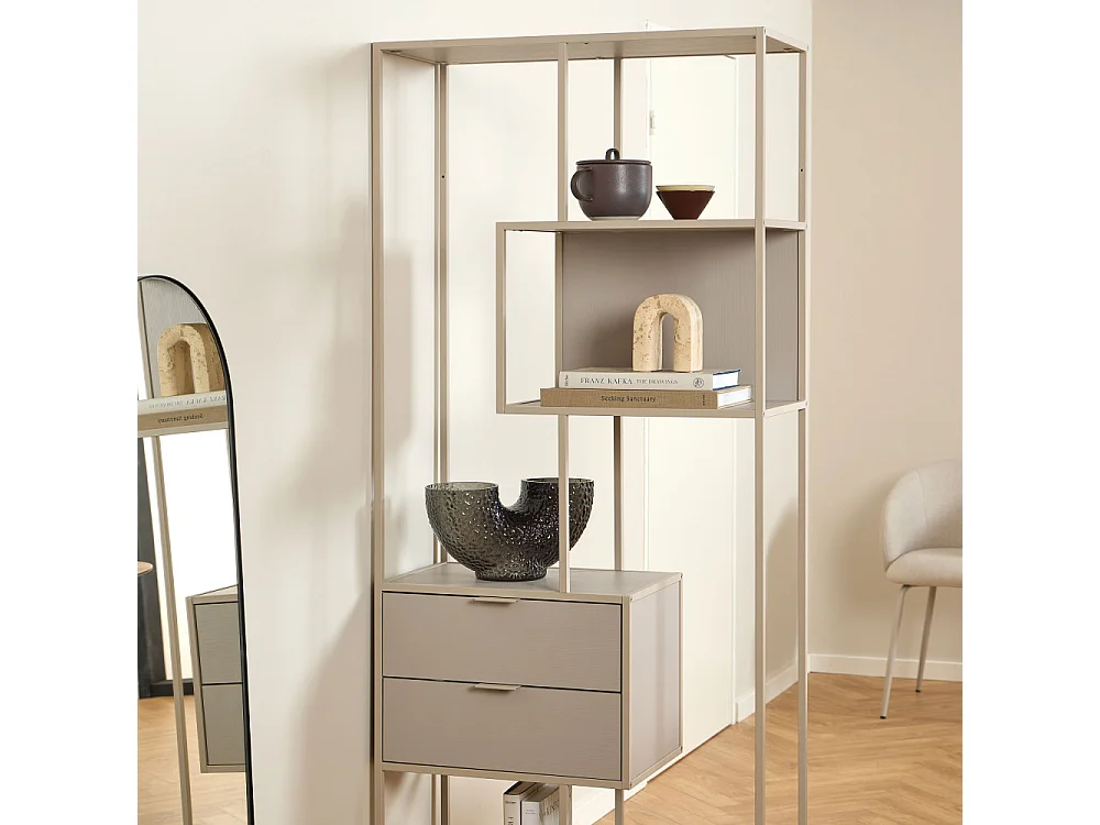 Hexa - Étagère 2 tiroirs en métal H185cm - Beige