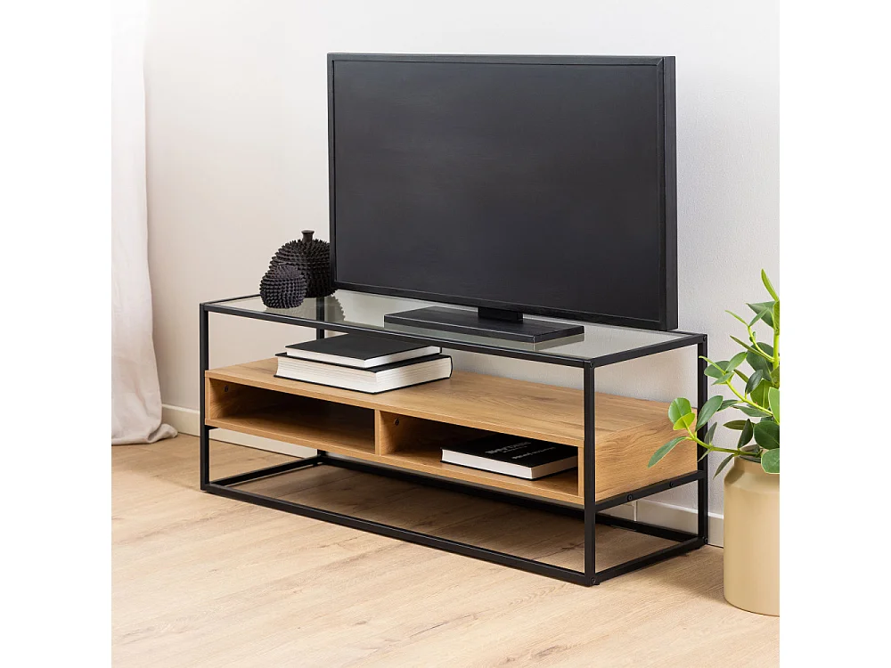 Luma - Meuble TV en verre, bois et métal L120cm - Bois clair
